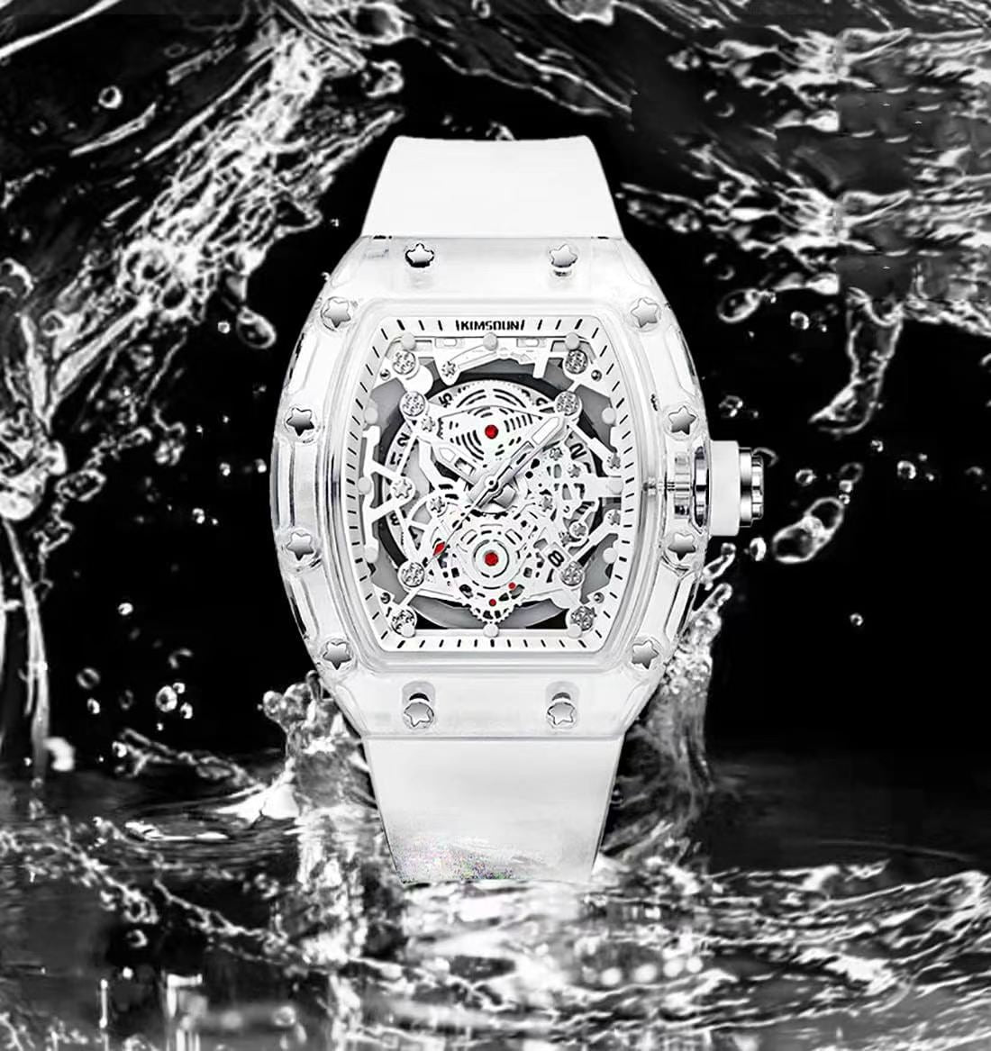Fashion Hollowed Men Watches Tonneau Transparent Analog Display Silicone Strap Calendar Quartz Waterproof Trend Male Wrist Watch